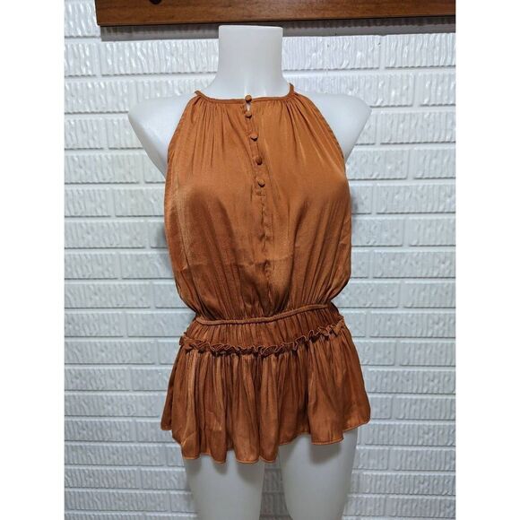 Philosophy Women's Burnt Orange Halter Neck Gathered Peplum Top Size XS - Picture 1 of 8